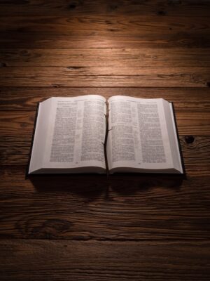 an opened bible with a stick with thorns lying on a wooden background